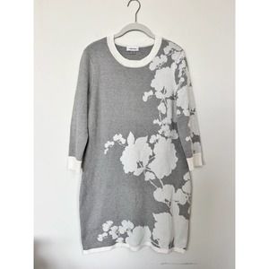 Calvin Klein Grey and White Floral Long Sleeve Sweater Dress